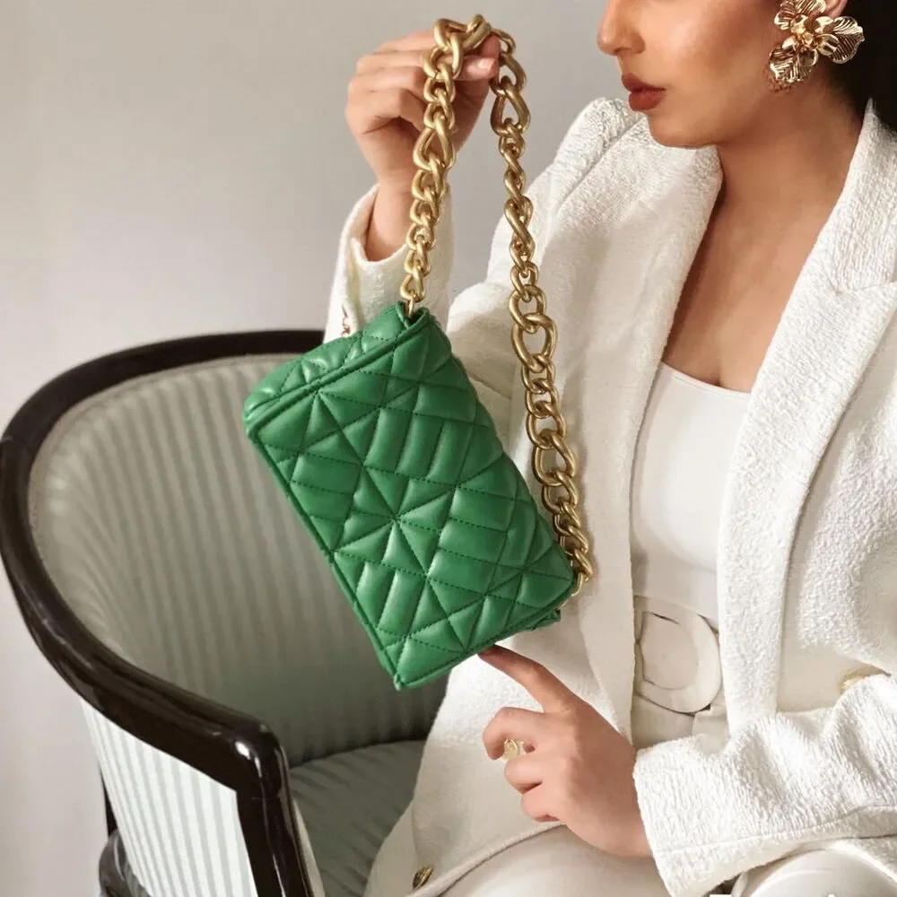 ZARA Green Quilted Chain Shoulder Bag NWT Gold Chain Purse OS
